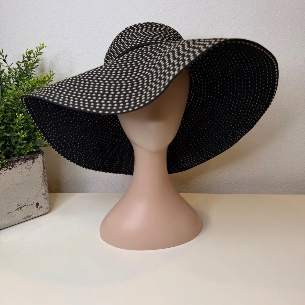 San Diego Hat Co Sun Hat Women Black Polka Dot Wide Brim Ribbon OS